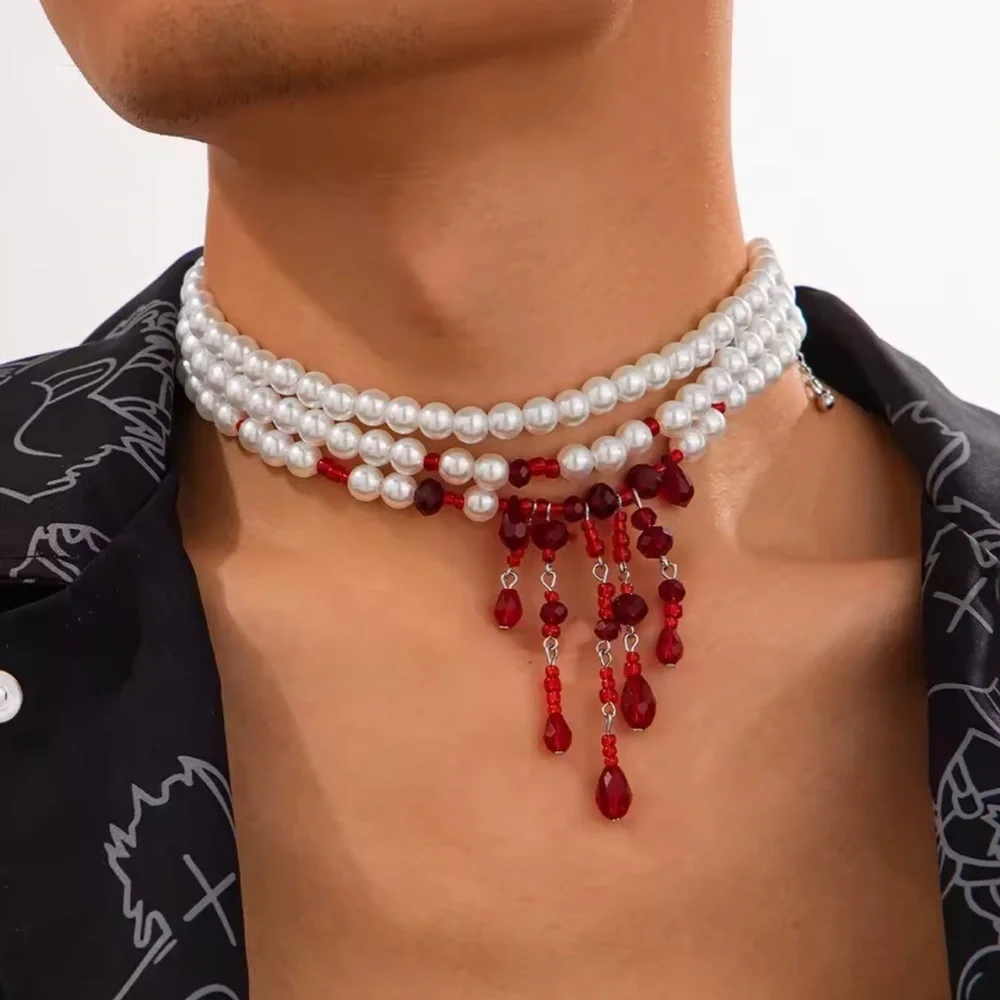 Vampire Pearl Choker with Blood Red Crystal Drops Gothic Halloween Necklace